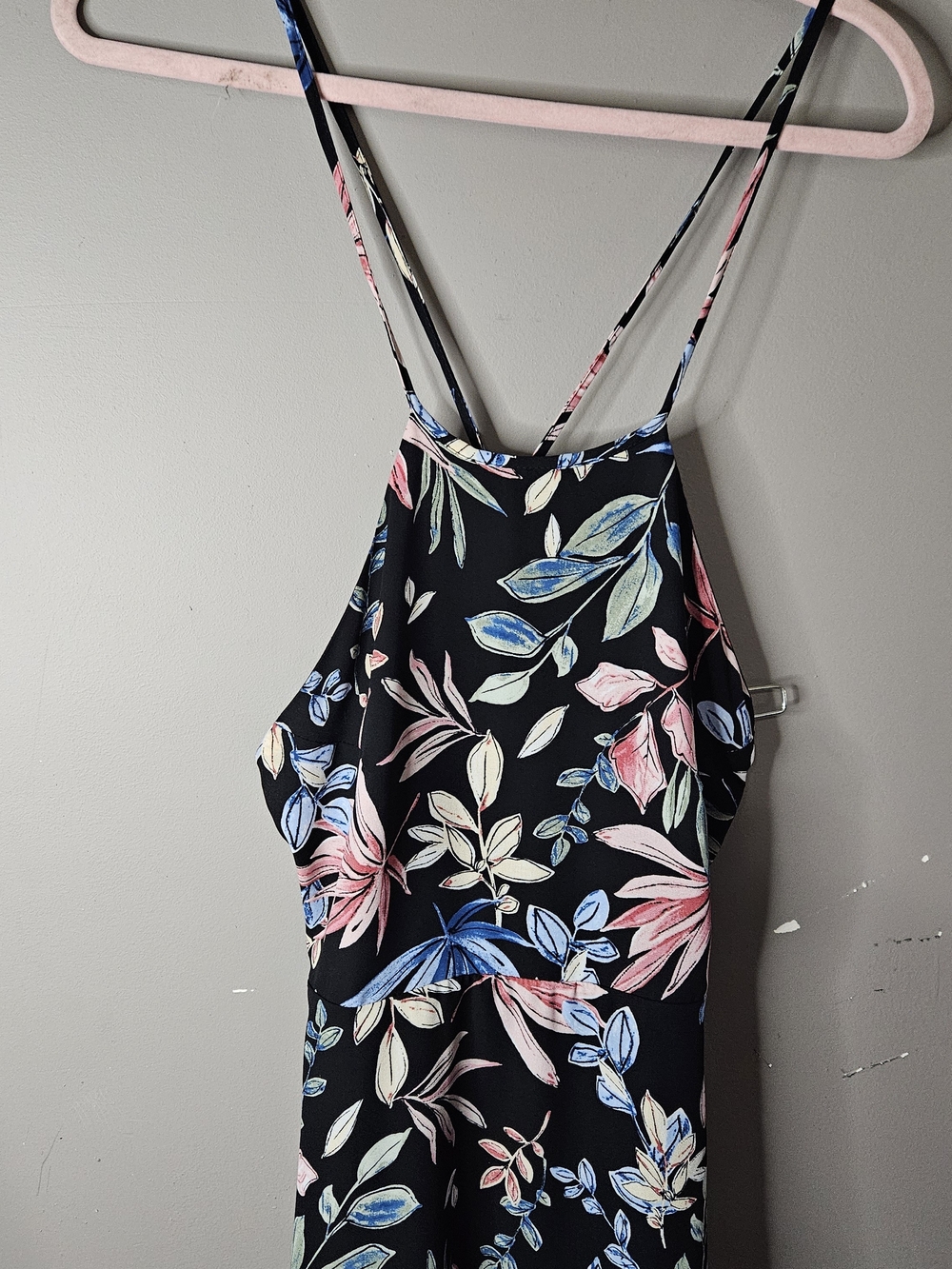 Black Floral Halter Sundress with Pastel Leaves By Lulus Ptp 17"
